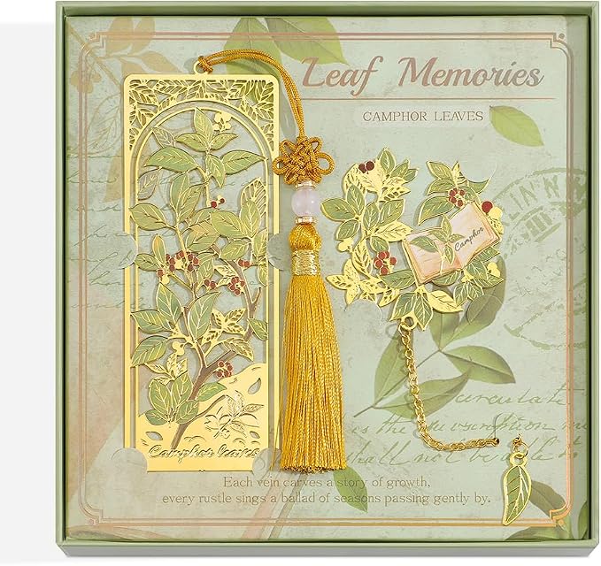 icceemee 2PCS Camphor Leaf Theme Bookmark, Cute Bookmark for Women with Hollow-Out Square & Irregular Design, Natural Tassel Book Marks Set in Gift Box, for Book Lovers