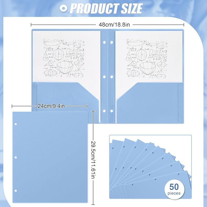 Yeaqee 50 Pcs Plastic Folders with Pockets Bulk 3 Hole Punched 2 Pocket File Folders for 3 Ring Binder Divider Folder for Notebooks, Durable Poly for Office Home (Haze Blue)