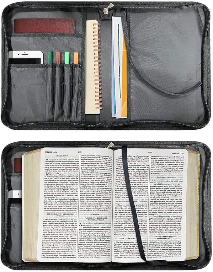 Brown Leather Study Bible Case THE GOD Print Bible Cover Case Women Durable Carrying Book Case Church Bag Bible Study Supplies Accessories Size：M