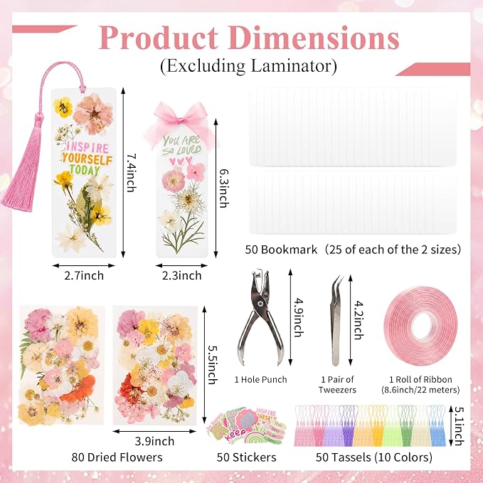 Pressed Flower Bookmark Kit,233Pcs Dried Flower Book Mark Making Kits,Includes 80 Dried Flowers,50 Laminating Pouches,50 Tassle and Puncher,Handmade Craft Gift DIY Bookmarks for Women Girl Book Lovers