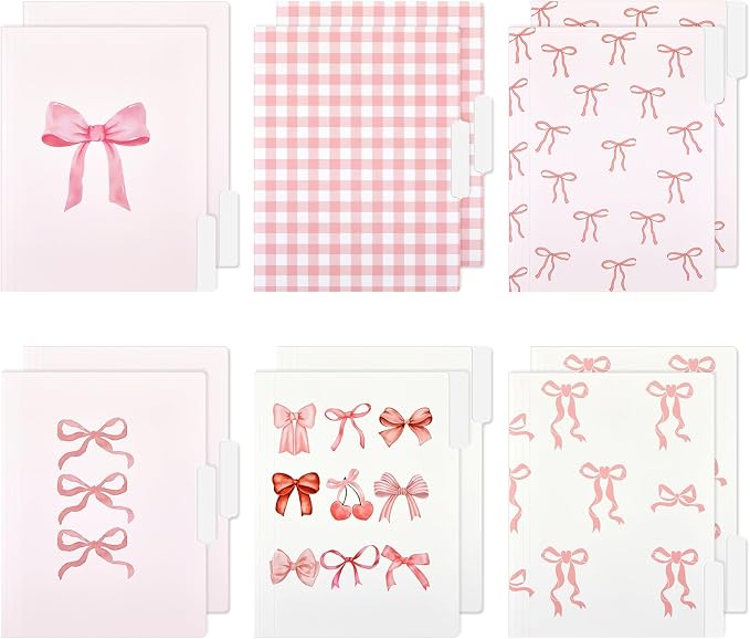 Yaomiao 12 Pcs Coquette Pink Bow File Folders, Letter Size Bowknot Plaid Decorative File Organizer with 1/3 Cut Tab, Cute Pretty Document Holder for Office Home Studyroom Birthday Gifts, 8.5 x 11 Inch