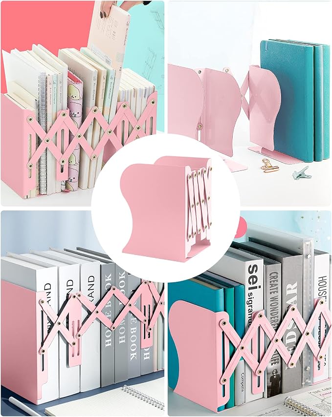 MSDADA Adjustable Bookends, Book Ends for Heavy Books, Expandable Book Organizer for Desk, Shelf, Office, School, for 6 7 8 9 10 11 12-15 Boys and Girls, Extends up to 19 inches (Pink)