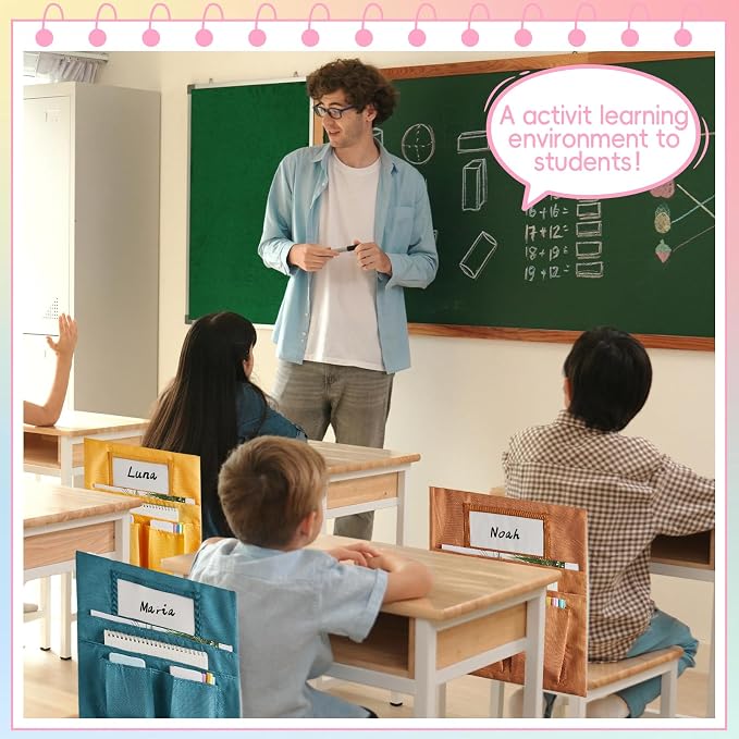 gisgfim 24 Pcs Small Chair Pockets for Classroom 13 x 14 Inch Bag with Name Tag Multi Pockets Chairsback Pouch Organizer for Student Kindergarten Elementary Daycare (Groovy)