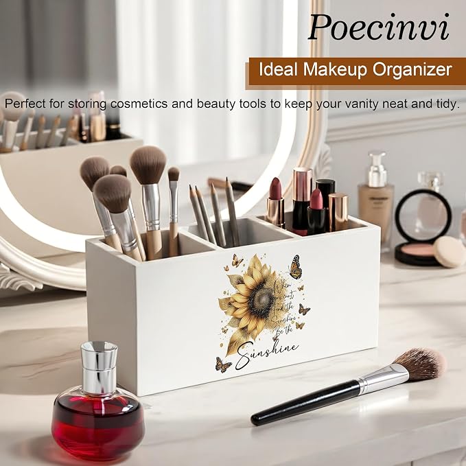 Inspirational Golden Sunflower Pen Holder for Home Office Desk, When You Can't Find the Sunshine Be the Sunshine Motivational Wooden Box Sign Pencil Holder for Desk Shelf Organizer