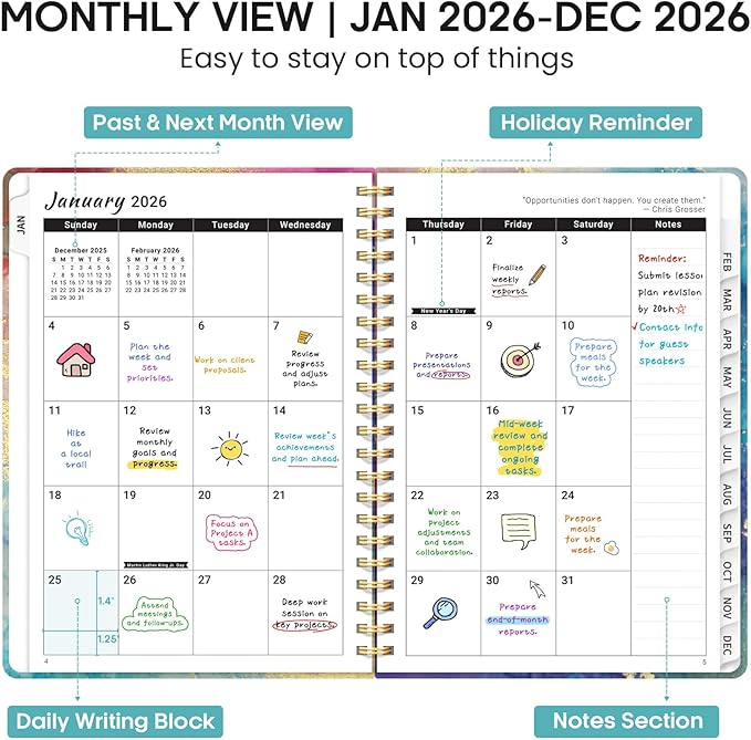 2026 Planner, Weekly and Monthly Calendar Planner Book, January 2026 - December 2026, Hardcover Spiral Planner with Monthly Tabs, Notes Pages, Perfect for Women & Men, A5 (6.4" x 8.5") - Gold