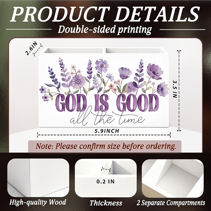 Purple Floral Christian Pen Pencil Holder for Desk Christian Gifts for Women, God is Good All the Time Bible Verse Pencil Holders Wooden Box Organizer for Home Office Bedroom Desk Tabletop