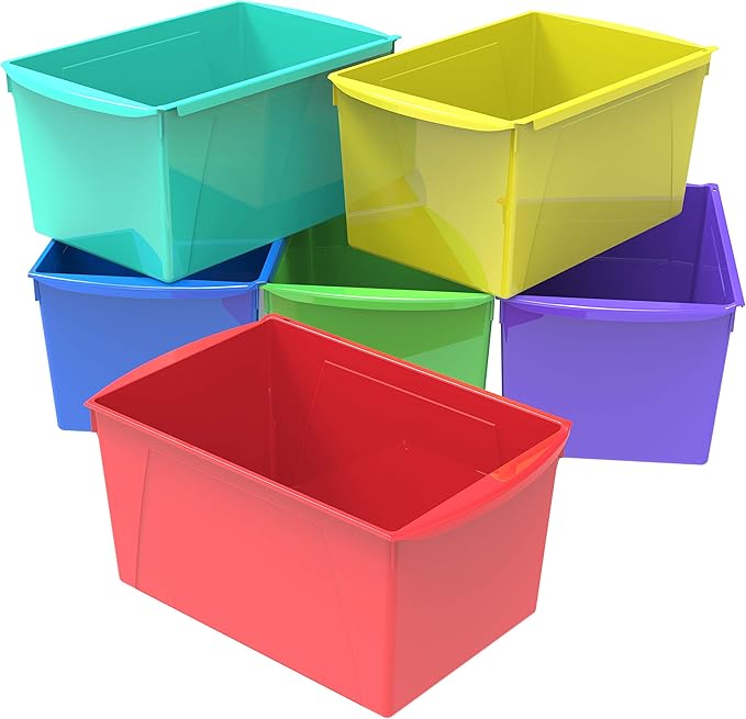 Storex Extra-Large Book Bin, Interlocking Plastic Organizer for Home, Office and Classroom, Assorted Colors, (71126E06C) (Pack of 6)