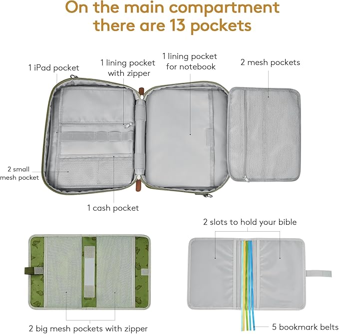 Bible Cover Case Deluxe with Gift Box - Water-Resistant Bible Cover Crossbody Bag for Large Print Bibles, Complete Study Kit with Bookmarks, Pens & Stickers, Green Butterfly