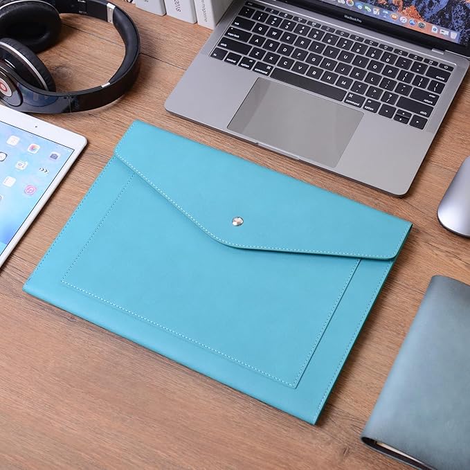 Wason Expanding A4 Document File PU Leather Envelope Case Holder-Large Size Pockets for Paper Bills Stationery Tablet and PC, Work Study Traveling (Cyan)