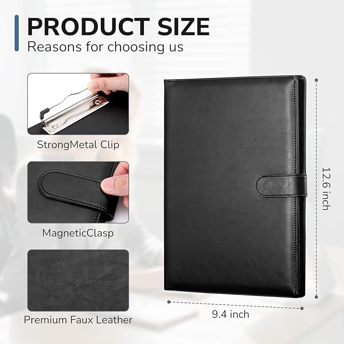 Professional Padfolio with Clipboard, Faux Leather Portfolio Folder Binder, Legal Pad Holder for A4 Letter Size Notepad, Resume, Writing Pad, Ideal Organizer for Business Office Conference, Black,