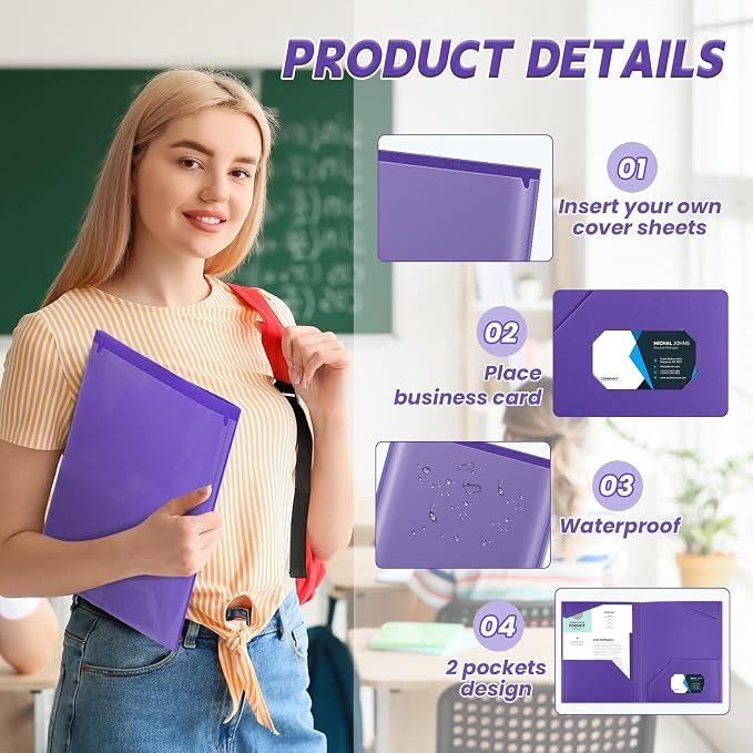 Henoyso 36 Pack Purple Plastic Folders with Clear Front Pockets Heavy Duty File Folders with 2 Pockets and Card Slot for Student Communication School Office Presentation Report