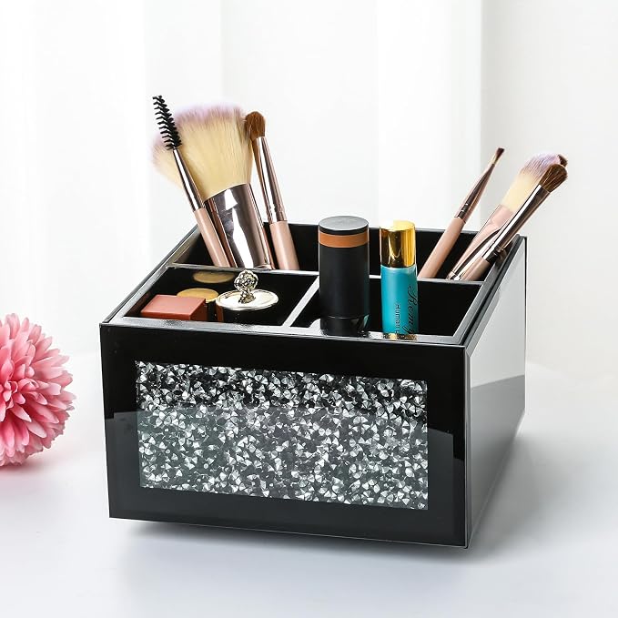 Black 360 Rotating Remote Control Holder, Crushed Diamond TV Remote Controller Holder for Table, Desk Organizer for Pens and Pencils, Make Up Brushes, Remote Caddy Storage