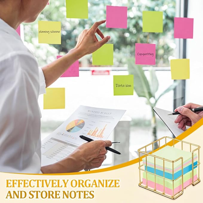 Harloon 2 Pcs Metal Sticky Note Holder 3.8 x 3.8 in Back to School Cute Memo Cube Dispenser Mesh Desk Organizer for Notepads Pens and Pencil Ideal for Classroom Office Supplies Home Storage(Gold)