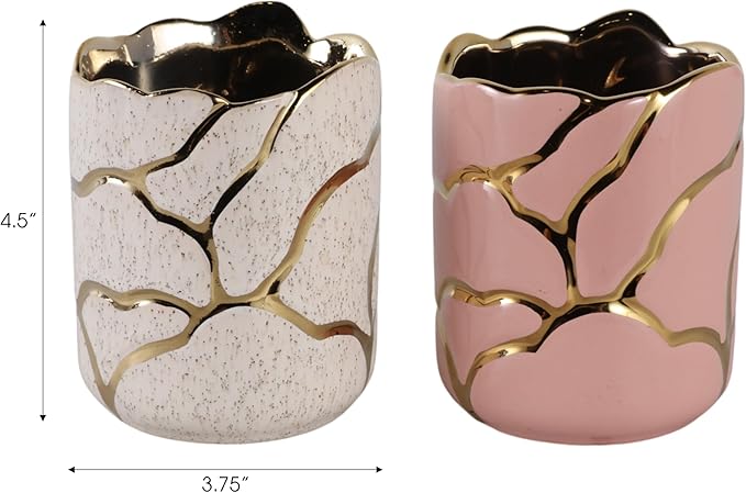 Cylindrical Desk Organizer for Desktop Organization - Ceramic Office Storage Organizer for Workspace Decor - Boho Stoneware Design Small Office Accessories for Home Decor - Set of 2, 5", Ivory & Pink