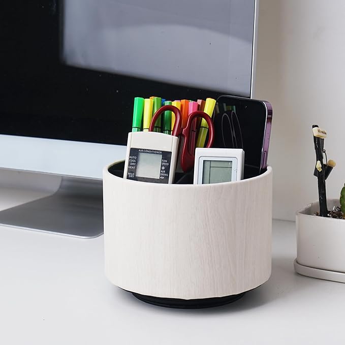 Round Leather Art Supply Organizer,Remote Control Holder,360 Degree Spinning,Multi-Functional Pencil Holder,4 Compartments Desktop Stationary Organizer(1-Thin Wood White)