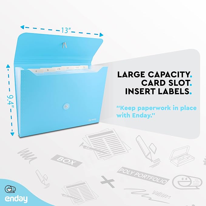 Accordion File Organizer Blue, 7 Pocket Expanding File and Cover Folder with Labels, Plastic Portable Desktop Letter A4 Paper, Also Available in Red, Green, Pink, Purple, Grey, 1 Pc – By Enday