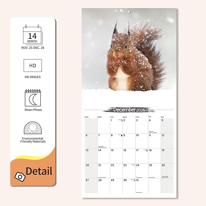 2026 Wall Calendar Squirrel Planner Calendar, Hangable Monthly Wall Calendar with Large Blocks for Organizing & Planning, Academic Schedule, Home, Office & family, Thick & Sturdy Paper (12"x24" Open)