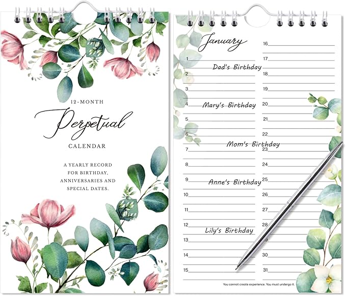 Perpetual Calendar - 12-Month Undated Calendar from Jan. to Dec., 6'' X10'' Perpetual Calendar with 2 Lines Per Days, Reminding Anniversaries, Birthdays, Festivals, Birthday Reminder Book with Thick Paper - Purple Flower