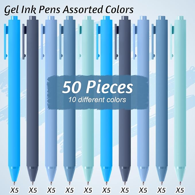 Crtiin 50 Pcs Gel Pens Bulk, 0.5mm Fine Point Black Ink Pens, Retractable Smooth Writing Quick Dry, Colored Aesthetic for School Office Journaling Teacher Appreciation Mother Day (Blue Series)