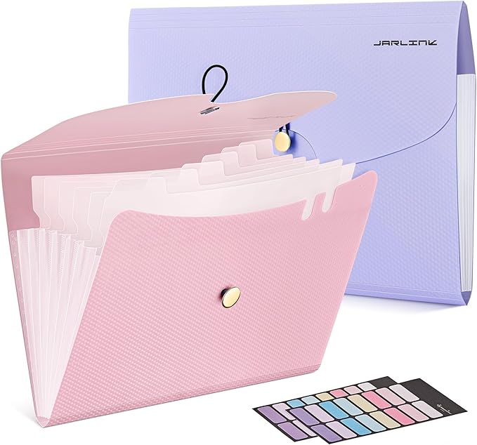 JARLINK 7 Pockets Expanding File Folder, A4 Accordion File Folders with 12 Labels, Cute Paper Organizer, Portable Document Organizer for College School Office Supplies, Macaron Pupple & Macaron Pink