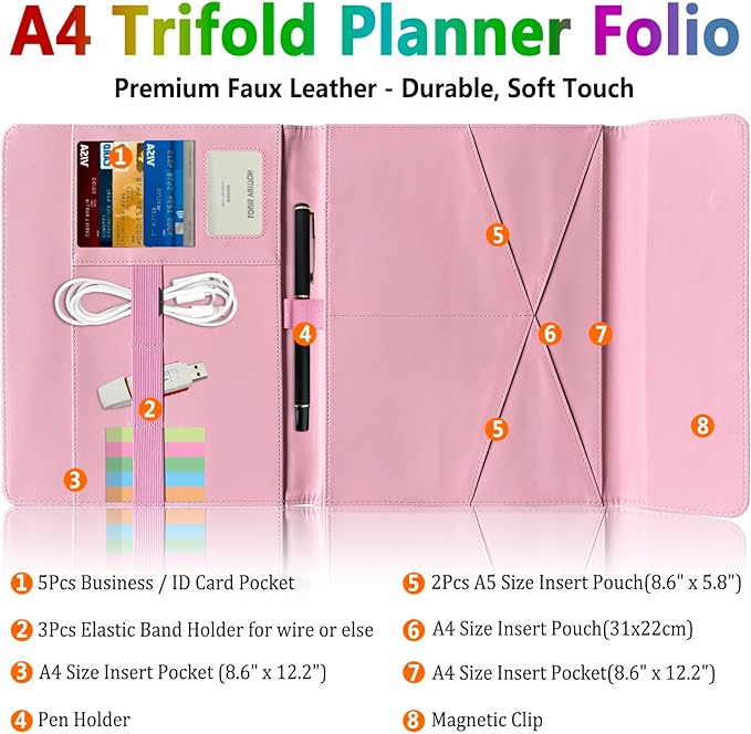 Triple Portfolio Folder Notebook Cover for 8.5 x 11 Daily Planner, Soft Leather Padfolio A4 Business Binder Legal Writing Pad Document Organizer for Present Gift Kid Men Women Pink