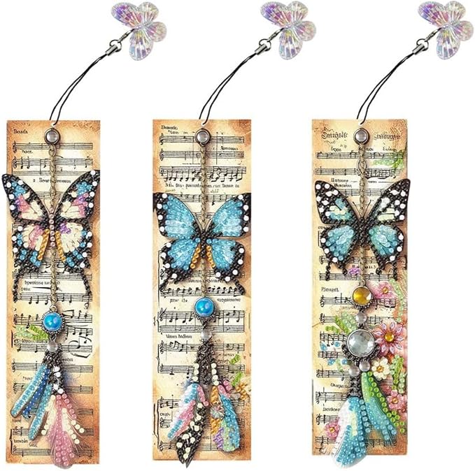 ARTopet 3Pcs DIY Diamond Art Painting Bookmarks with Colorful Butterfly Pendant PET Bookmark Ornament Double Sided Pattern Single Sided Diamond Book Marker Clip Gifts Tags-Butterfly01