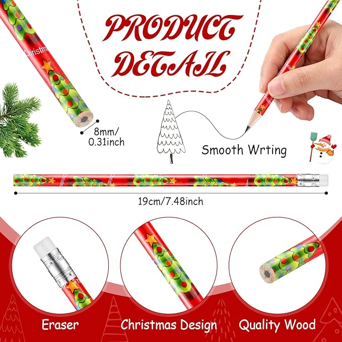 Yexiya 96 Pcs Christmas Pencils for Kids Bulk Colorful Holiday Wood Pencils with Erasers Xmas Snowman Santa Elk Christmas Classroom Gifts for Goodie Bags Office School, 12 Styles