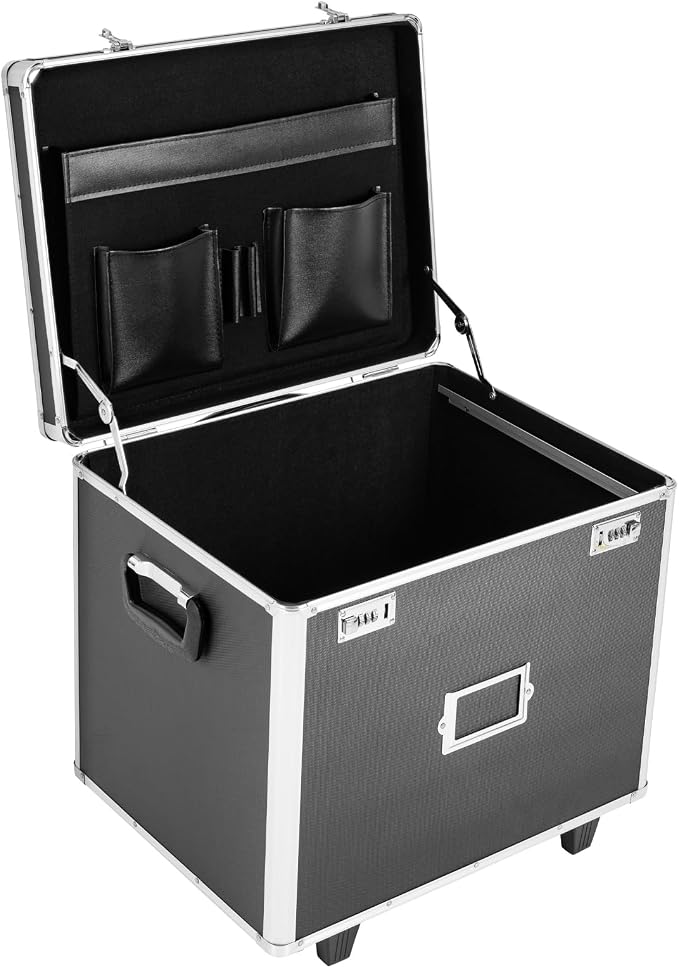 Locking Rolling File Box with Wheels, 19.2" L Portable Aluminum Alloy Storage Case on Wheels, Mobile Business Document Organizer with Handle for Home Office Travel (Black)