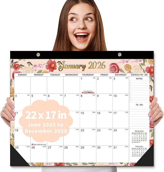 Desk Calendar 2025-2026, AgePlace Large 22" x17" Wall Calendar 2025 Covers June 2025 - December 2026, Monthly Desktop Calendar with Different Watercolor Artwork for Each Month for Home & Office School
