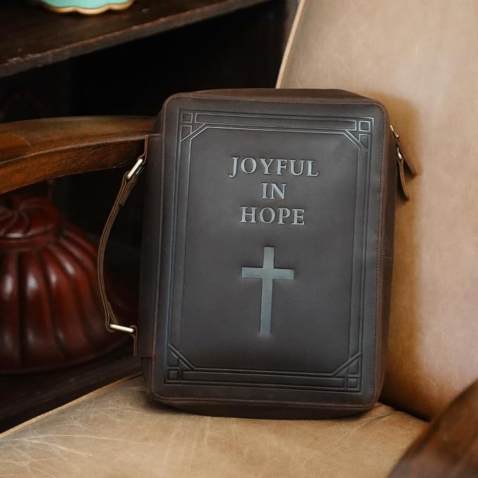 Polare Full Grain Leather Bible Cover Church Bag Carrying Book Case Bible Protective with Handle and YKK Zipper 11.2x8.25x2.3 inch Christian, Religious Gifts for Men