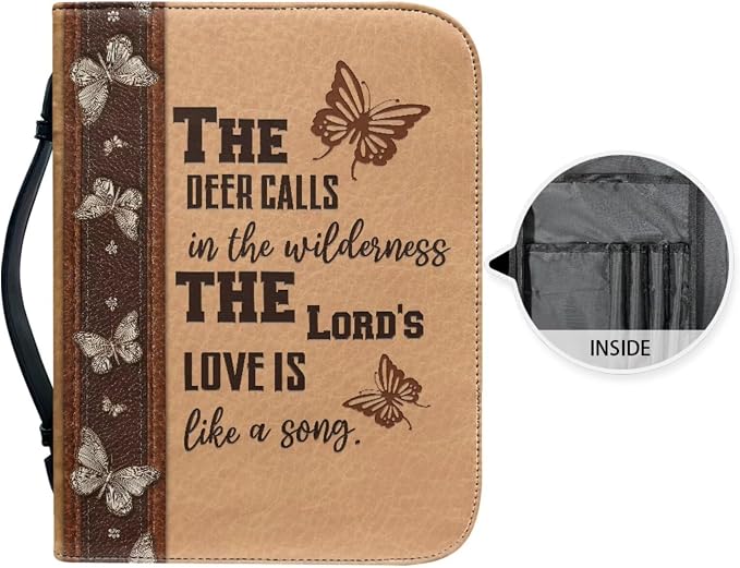 Vintage Religious Cross Deer Bible Case with Bookmark Waterproof Bible Cover Case for Women Lightweight Bible Bag with Handle Pockets Church Book Bag Brown