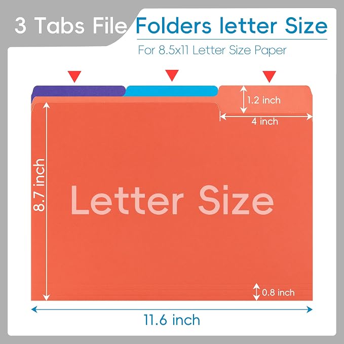 100 Packs Colored File Folders,1/3 Cut Tabs File Folder,Assorted 6 Colors Filing Folder,Manila File Folders,Two-Tone File Folder for Office School Business