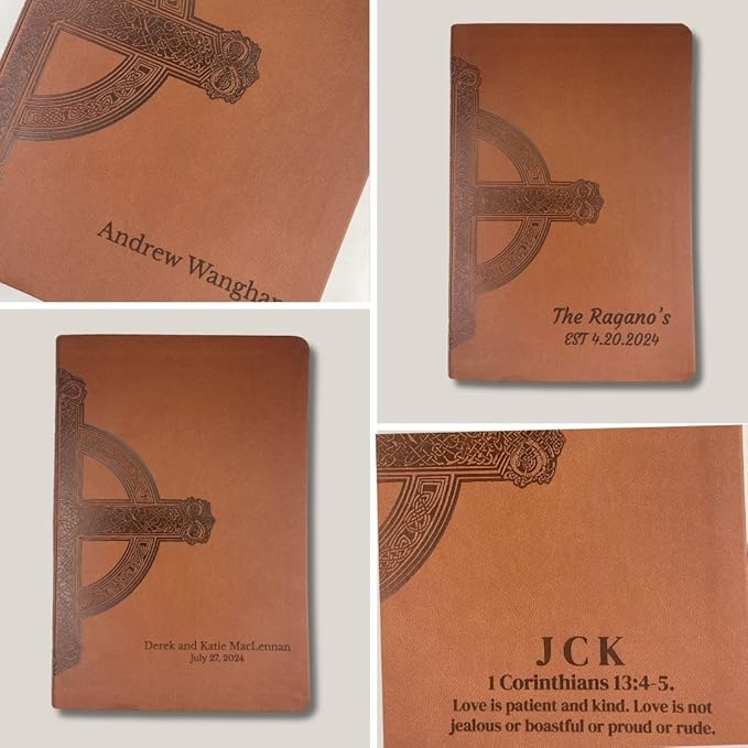 Personalized NLT Thinline Bible Faux Leather Large Print Size with Celtic Cross Design | Custom with Name, Date or Text | Gift for Religious Celebrations | Brown