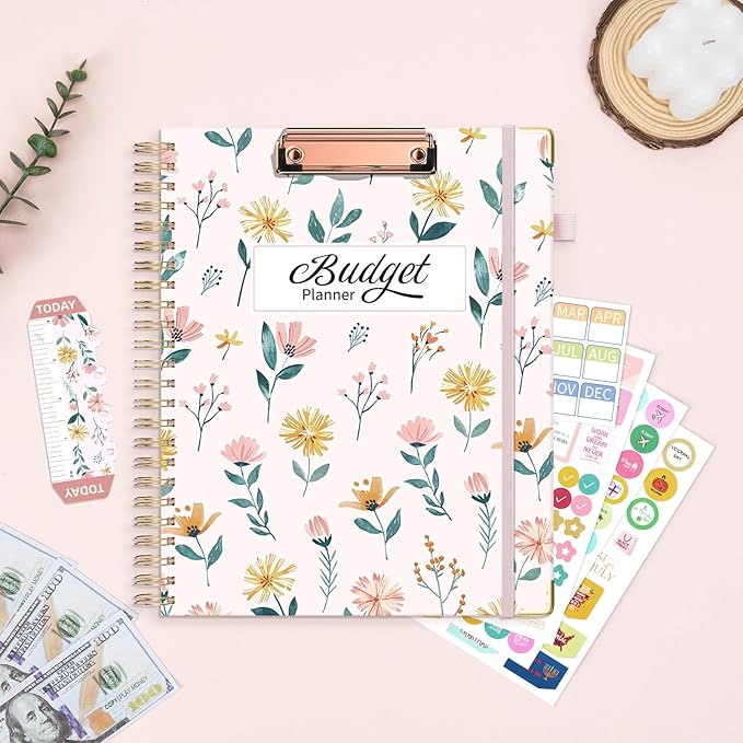 Ospelelf Budget Book Planner 8.5"x11" Large Size Undated Monthly Bill Payment Tracker Organizer Account Financial Planners with Clipboard Pockets Stickers 12 Months Productivity Aesthetic Pink Flowers