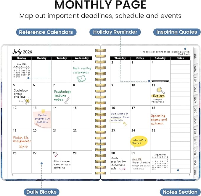 Planner 2026-2027, Academic Monthly and Weekly Calendar Planner for Women, July 2026 - June 2027, Hardcover Pretty Agenda Planner Book with Tabs, Spiral Daily Organizer for School Office Home Supplies, 8.5" x 11" - Distant Peaks