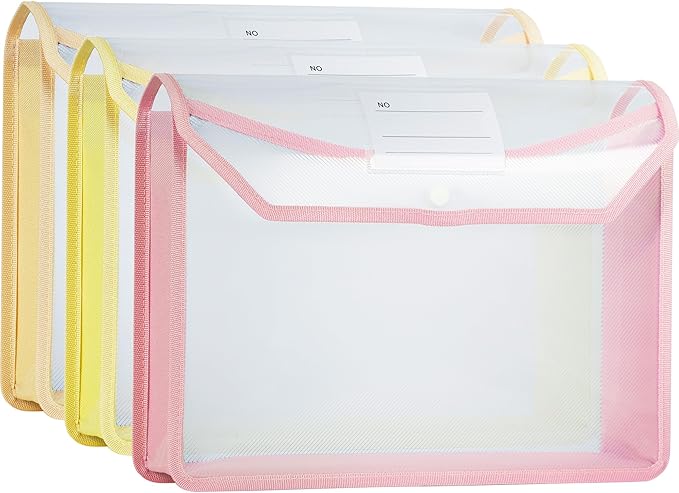 Plastic Expanding File Folder, Clear Envelopes Fit Letter & A4 Size, Folders for Documents with Snap Closure, No Dividers, Large Capacity (3, Warm Colors)