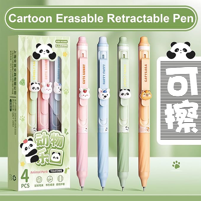 MOZXIRZ 4 Pcs Erasable Gel Pens Cute Retractable Pens Cartoon Animal Erasable Pen 0.5mm Black Ink Kawaii Writing Pen for Women Office School Supplies (Animal-Black Ink)