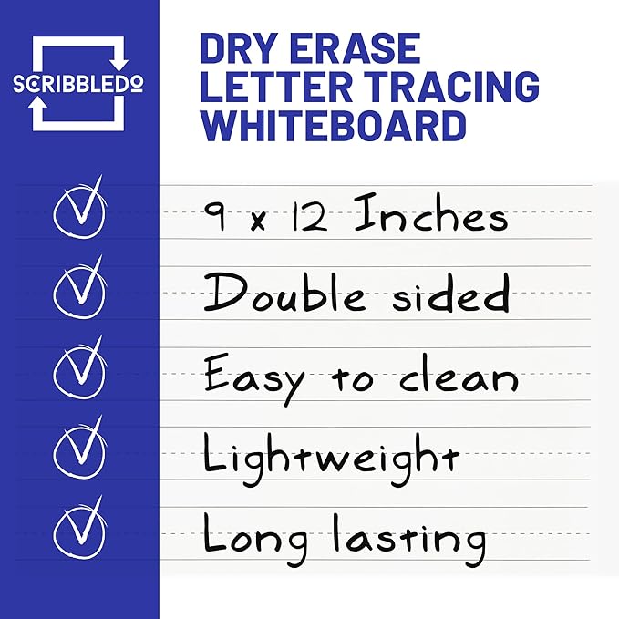 Scribbledo 5 Pack Dry Erase Handwriting Practice for Kids 9 x 12 Inch Letter Alphabet Tracing Board Whiteboard for Kids Ages 3-5 Write and Wipe Alphabet Practice Cards Letters & Erasers