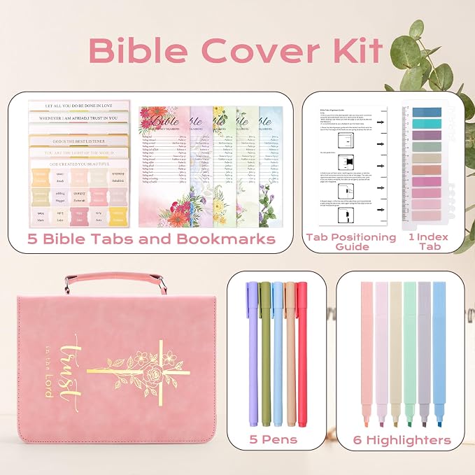 XKDOUS Bible Cover Case for Women, Leather Bible Bags with Study Supplies Journaling Kit, Gold Foiled Carrying Case Large Church Book Holder with Handle, Christian Gifts for Lady