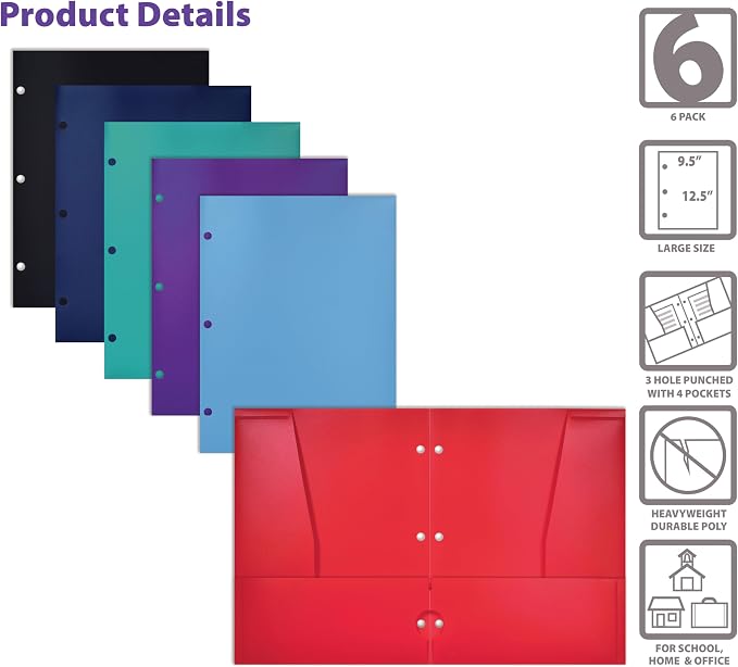 Better Office Products 4 Pocket Plastic Folders (6 Pack), 3 Hole Punch, Extra Sturdy Plastic Folders, Assorted Primary Colors, Letter Size