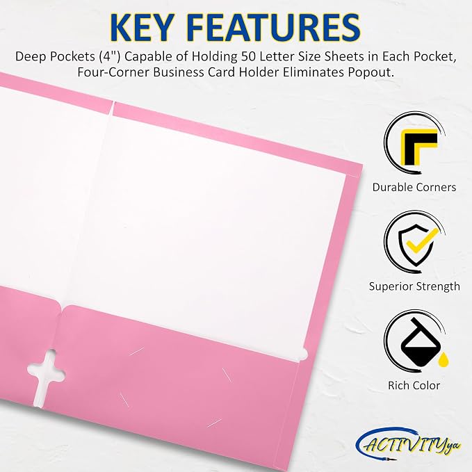 10 Pack Two Pocket Folders, Pink, Strong Thick Paper Folders, for Letter Size, by ACTIVITYya