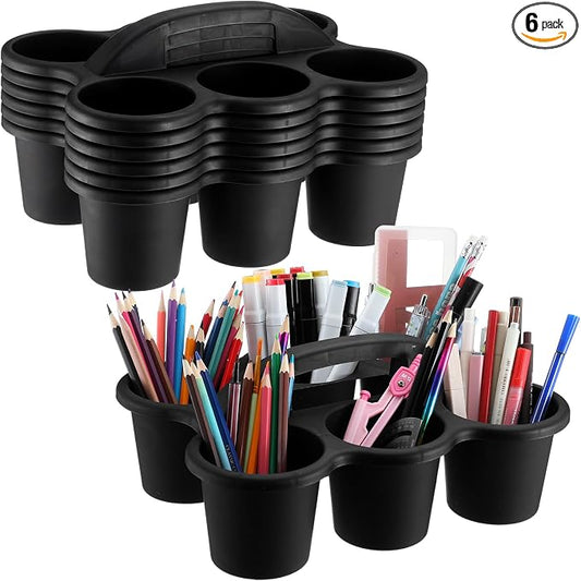 Reallnaive 6 Pack Classroom Caddy Plastic Cup Crayon Pen Holder with Handle, 6-hole Cup Storage Art Caddies Table Organizer for Drink Delivery Pencil Pen School Office Art Crafting (Black)