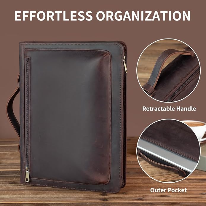 YIWEN Handmade Leather Portfolio with Handle – Zippered Front Pocket, Clip for Letter Size Notepad, Business Travel Padfolio