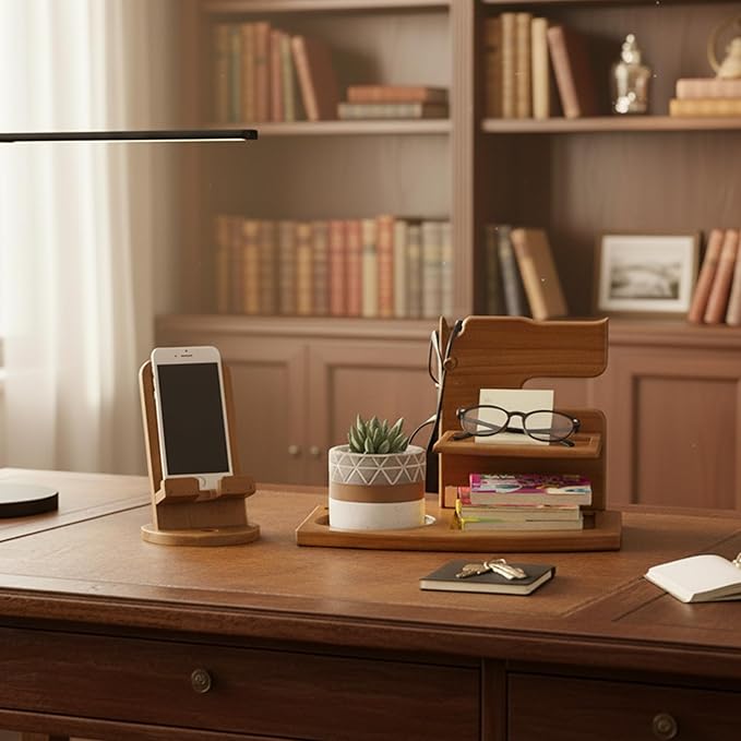 Wooden Desk Organizer with Phone Stand - 11.2"×7.3"×7.3" Multifunctional Desktop Storage for Phone, Glasses, Watch, Office Supplies, Bedside Organizer & Wood Dock Station