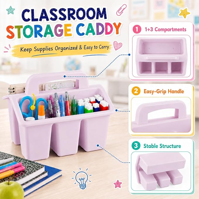 8 Pack Classroom Caddy Storage Basket with Handle 4 Compartment Storage Caddy Plastic Arts Crafts Caddies Protable Classroom Craft Caddies for Kids Schools Art Craft Supplies(Pastel)