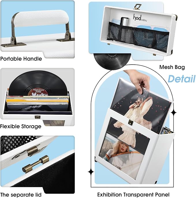 Hododou Vinyl Record Storage Box with Lock Record Organizer Storage for 30+ Single Records 12-inch Water Resistant Collapsible Storage Crate with Lid Handle Mesh Pouch for Vinyl Collect Acrylic White