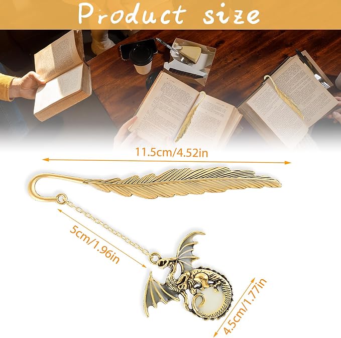 Jeffdad Feather Dragon Bookmark - Glow in The Dark Fantasy Bookmark Gifts for Women & Men (Gold Dragon)