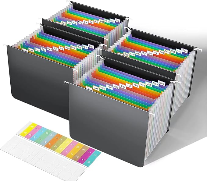 TOPCJ Expanding Hanging File Folders,Plastic Expandable Hanging Folder Letter Size,Filing Cabinet,13 Innovative Accordion Pocket,Alphabetical Tab,Large Capacity,Durable File Organizer 4 Colored