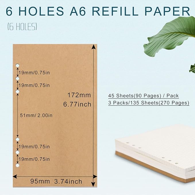A6 Refill Paper, [3 Pack] Toplive 100GSM Thick Refillable Paper 6 Hole Filler Inserts Loose Leaf Paper 135 Sheets (270 Pages) for 6 Ring Binder Journal Notebook-Kraft Paper