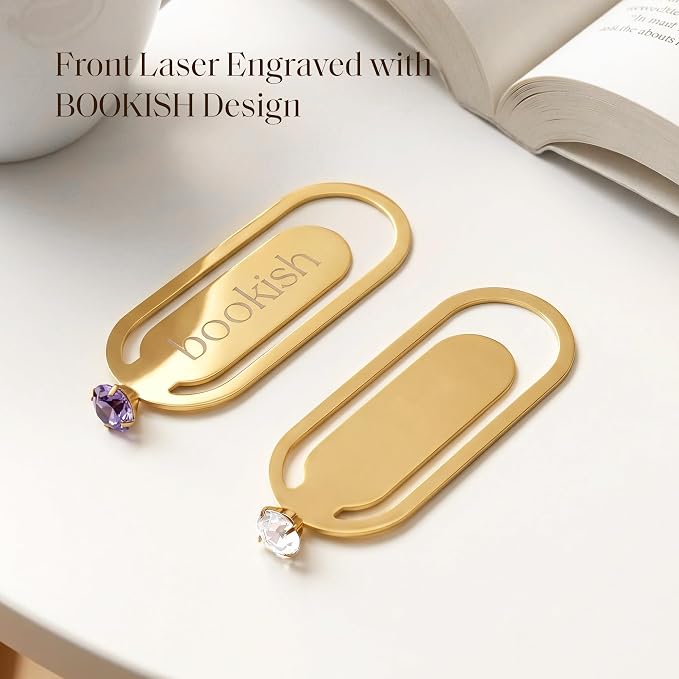 Bookish Bookmark for Women, 2 Pcs Sparkling Metal Book Marks with Crystal Accent for Reading Women Book Lovers, Purple & White